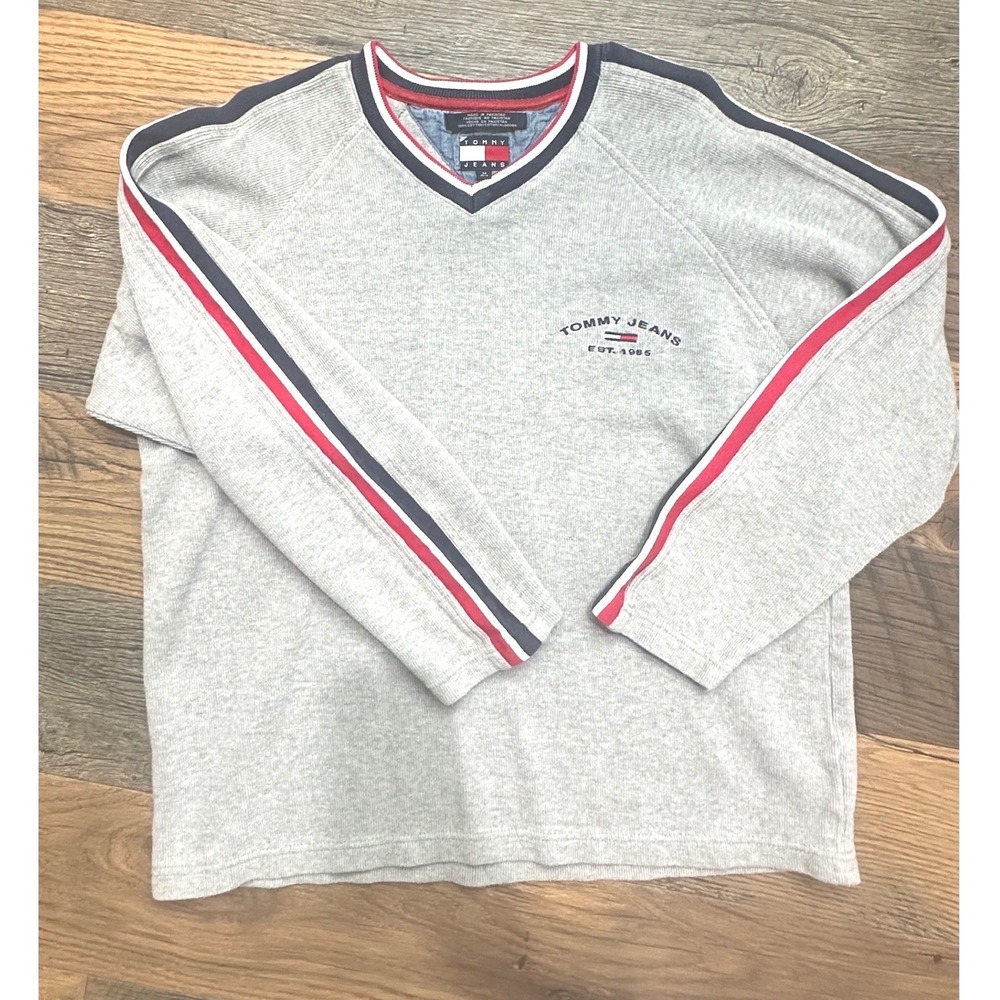 VTG Tommy Jeans Sweater Mens Medium Grey V-Neck Striped Sleeve Y2K Spellout Logo